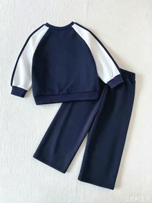 Boys Korean Style Minimalist Black & Grey Colorblock Raglan Sleeve Crew Neck Sweatshirt With Matching Colorblock Loose Sweatpants Set, Spring Daily Wear - Navy Blue - View 2