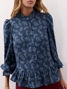 Nöista Paisley Print Blouse With Mao Collar And Ruffle Details. Fall Winter, Elegant, Weekend, Everyday. - Blue - View 2