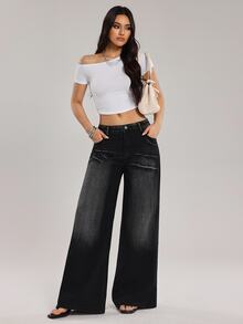 SHEIN ICON 女款水鑽十字口袋寬腿寬鬆牛仔褲 - 黑色 - 查看 5