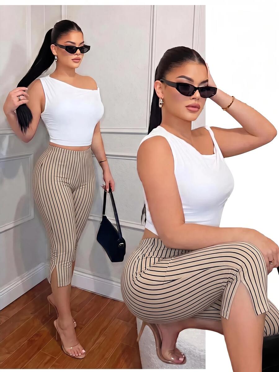 SHEIN SXY 女款條紋休閒開衩七分褲 - 杏色 - 查看 1