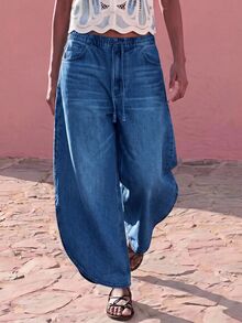 Maija Damen-Jeans mit Kordelzug-Bund, Taschen, weitem Bein und lockerer Passform, hellblau, lässig, für Herbst, Alltag und Reisen - Dunkle Waschung - Übersicht 6