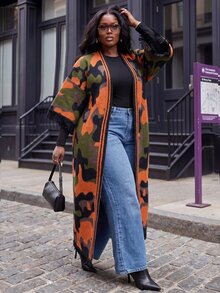 Slaydiva Plus Size Women's Knit Kimono, Camo Color Block Fringe Trim Long Plus Size Knit Wrap Coat Fall - Multicolor - View 8