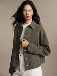 Anewsta Essential Women's Vintage American Style Washed Denim Collared Short Jacket In Army Green, Autumn/Winter - Green - View 3
