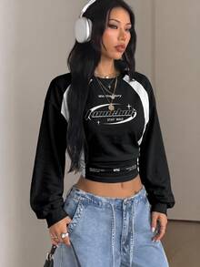 Coolane Women's Autumn Casual Colorblock Patchwork Letter Print Cropped Sweatshirt - White - View 6