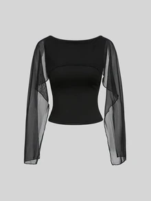 Sweetra Women's Mesh Patchwork Square Neck Deep V-Back, Multi-Way Wear, Casual Sexy, 2 In 1 T-Shirt - Black - View 1