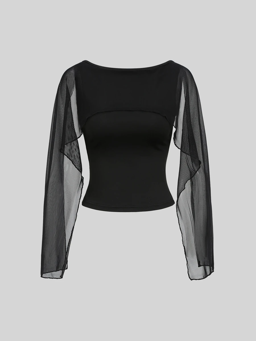 Sweetra Women's Mesh Patchwork Square Neck Deep V-Back, Multi-Way Wear, Casual Sexy, 2 In 1 T-Shirt - Black - View 1