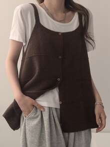 DAZY Women's Front Button Camisole Knit Top - Brown - View 9