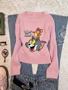 TOM & JERRY X SHEIN SHEIN EZwear 大尺碼女款卡通印花休閒日常長袖針織衫 - 彩色 - 查看 8