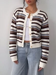 SHEIN BASICS 女款休閒針織開襟衫，條紋針織毛衣，女款秋冬服飾，女款返校穿搭 - 彩色 - 查看 6