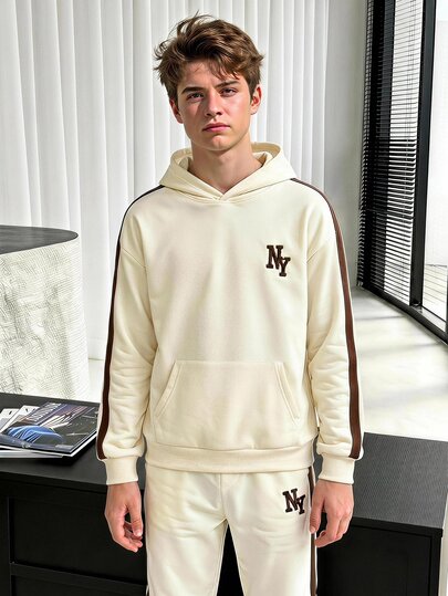 Teen Boy Casual Minimalist Loose Round Neck NY Long Sleeve Comfortable Sweatshirt With Pocket Striped Pullover Sweatshirt, Fleece Lined 2 Pieces Set For Autumn/Winter