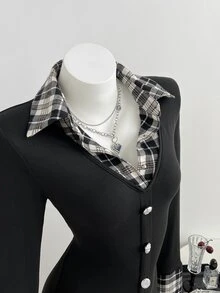 Elamini Minimalist Sexy Academy Style 2 In 1 Plaid Patchwork Fitted Long Sleeve Ruffle Dress - Black - View 1