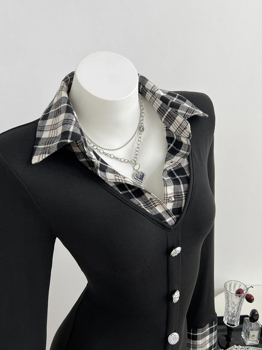 Elamini Minimalist Sexy Academy Style 2 In 1 Plaid Patchwork Fitted Long Sleeve Ruffle Dress - Black - View 1