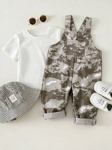SHEIN Unisex Newborn Baby Boy/Girl Baby Boy 100% Cotton Casual Fashion Versatile Camouflage Denim Overalls Jumpsuit Cargo Pants, Baby Boy Clothing Set, Baby Boy Summer Outfit, Soft, Denim, Jeans - Multicolor - View 3