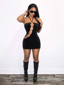 BamGleam Gaun Wanita Warna Polos dengan Desain Berongga dan Sambungan Cincin Seksi Model Halter Neck untuk Halloween, Klub Malam, dan Acara Musim Panas - Hitam - View 7