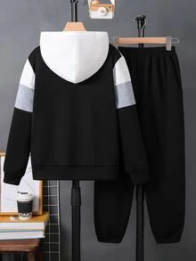 SHEIN 兒童青少年男孩服飾 男孩連帽衫 男孩運動長褲 拼色連帽衫與運動長褲2件套 高 CP 值 適合通勤、上學、日常休閒、學院風、旅行、運動 - 黑色 - 查看 2