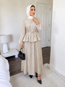 Solavon Plus Size Women's Polka Dot Pattern Ruffle Hem Blouse And Skirt Elegant Two Pieces Set - Apricot - View 3