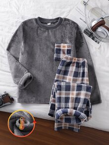 Boys' Colorblock Pocket Plaid Long Sleeve Pants Pajama Set, Autumn/Winter - Grey - View 7