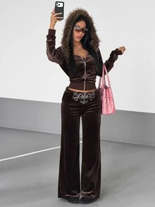Jeanoix Women's Plush Zip-Up Hooded Jacket And Rhinestone Long Pants 2 Pieces Set - Coffee Brown - View 6