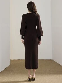 Heiryn Gaun Rajut Elegan Wanita Warna Polos Leher V Lengan Panjang Kancing Tunggal - Coffee Brown - View 2