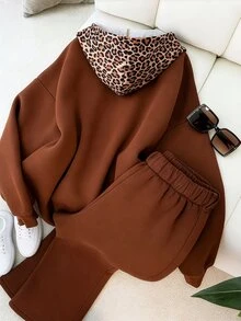 GlowEve Leopard Print Animal Pattern Patchwork Bowknot Decor Fashion Vintage Commute Casual Sweatshirt & Pants 2pcs Set For Women - Multicolor - View 2
