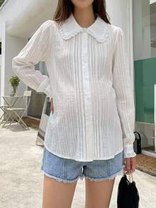 Dazy Maternity Solid Color Loose Long Sleeve Peter Pan Collar Textured Fabric Casual Everyday Versatile Spring Autumn Shirt Maternity Top Vacation - White - View 5