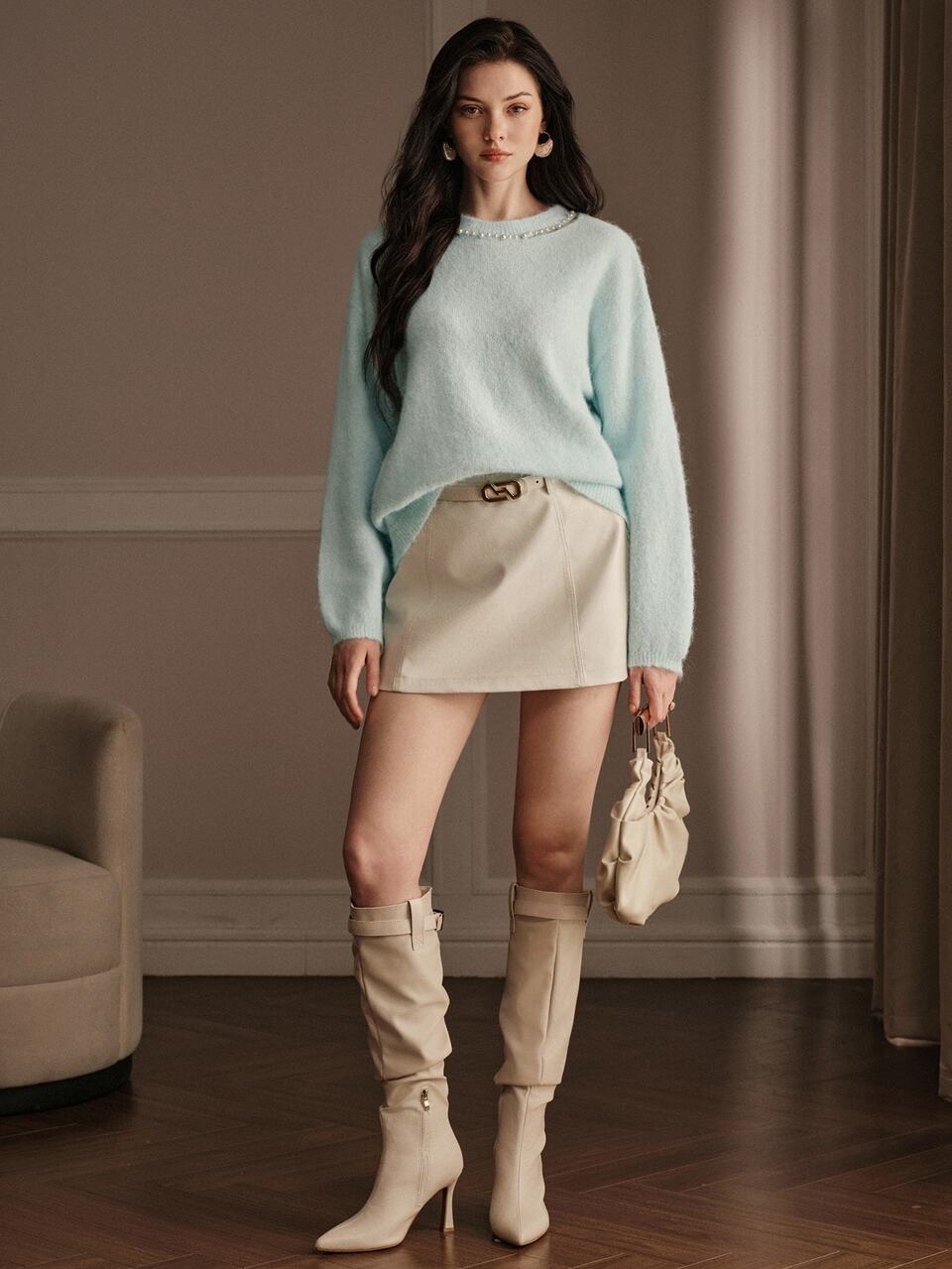 Pearl Hollow Out Neck Fuzzy Loose Knit Sweater, Elegant Party & Women Outdoor Daily Wear Pullover Top