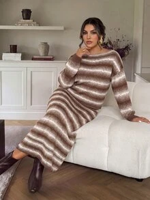 Firerie Plus Size Gradient Cold Shoulder Long Sleeve Knit Top And High Waist Mermaid Skirt 2 Pieces Set Party Formal, Fall/Winter, Thanksgiving, New Year - Multicolor - View 6