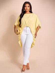 Brilight Batwing Sleeve Front Elastic Ruched Cutout Oversized Elegant Loose Blouse For Beach Going Out Vacation Casual Streetwe Pale Yellow Summer - Light Yellow - View 12