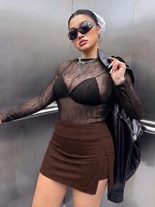 Muchica Chocolate Brown Side Slit Plus Size Skort - Chocolate Brown - View 4