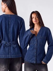 LYSMO Women's Casual Cinched Waist Denim Top, Autumn - Medium Wash - View 2