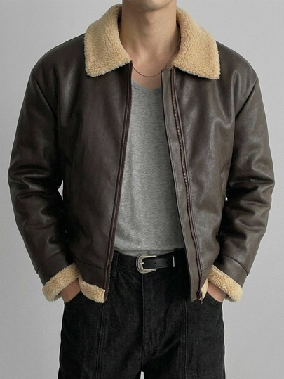 DAZY Brown PU Fabric Beige Lamb Wool Men's Winter Coat Fall Leather Jacket