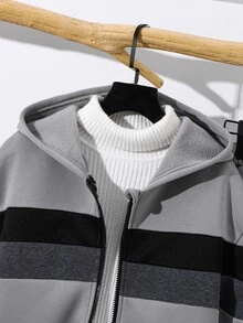 SHEIN 兒童青少年男孩條紋拉鍊連帽外套與運動長褲休閒套裝 - 彩色 - 查看 3