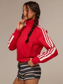 Athîral Women's Casual Sports Colorblock  Webbing Funnel Neck Zip-Up Long Sleeve Sweatshirt For Fall Winter,Cool Girl ,Casual Street Going Out Gym, Christmas - Red - View 5
