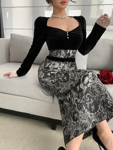 DAZY 女款 2 合 1 V 領中長洋裝 晚宴派對夜穿 黑色與銀色 秋季優雅 - 黑色 - 查看 8
