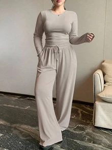 REIGN AVE Autumn Solid Color Minimalist Casual Outwear & Home Base Layer Top + Straight Leg Casual Pants 2 Pieces Set - Camel - View 1