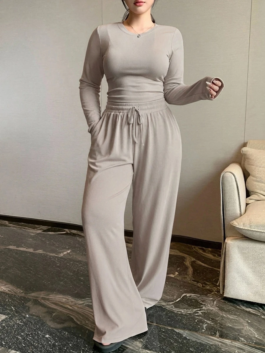 REIGN AVE Autumn Solid Color Minimalist Casual Outwear & Home Base Layer Top + Straight Leg Casual Pants 2 Pieces Set - Camel - View 1