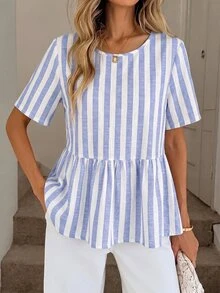 SHEIN LUNE 女款條紋圓領短袖荷葉邊下擺休閒襯衫 - 彩色 - 查看 6