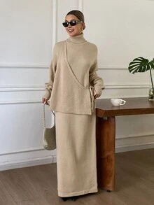 Strévra Women's Winter Apricot Round Neck Long Sleeve Slim Fit Waist Ribbed Knit Elegant Sweater Dress - Apricot - View 5