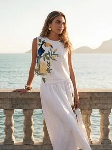 CAJUNI Tank Top Elegan dengan Motif Bunga Toucan Tropis - MultiWarna - View 7