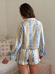 SweetSlumber طقم بيجامة نسائي بطبعة مربعات وقلب رومانسي مع ياقة مفتوحة من الأمام وتصميم فيونكة بحواف متباينة - أصفر - مشاهدة 2