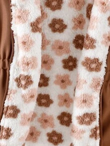 SHEIN 1件女童冬季新款花卉保暖內裡拉鍊外套，附彈性腰部與連帽，加厚保暖時尚戶外通勤百搭夾克 - 棕色 - 查看 8