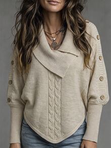 SHEIN Holidaya Women's Casual Asymmetric Collar Batwing Sleeve Sweater, Autumn/Winter - Khaki - View 3