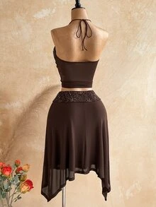 Soleia Women's Vacation Casual Sequin Patchwork Skirt - Brown - View 2