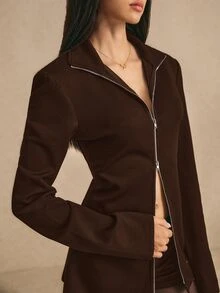 Poéselle 女款素色休閒百搭日常長袖夾克 - 棕色 - 查看 3