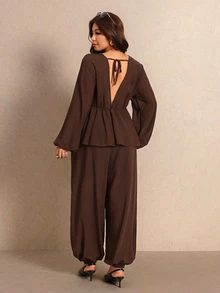 Elaquor Plus Size Women's Solid Color Cowl Neck Lantern Sleeve Blouse And Pants Elegant 2 Pieces Set - Coffee Brown - View 2