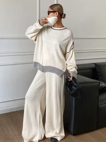 Livesso Setelan Kasual Wanita: Sweater Lengan Panjang Kerah Bulat dan Celana Rajut dengan Desain Blok Warna untuk Musim Gugur. - Aprikot - View 4