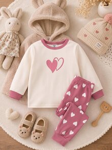 SHEIN 女嬰愛心印花長袖上衣與緊身褲休閒居家服 - 米色 - 查看 3