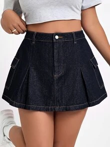 SHEIN ICON 大尺碼牛仔工裝鉛筆裙 - 深色水洗藍 - 查看 1