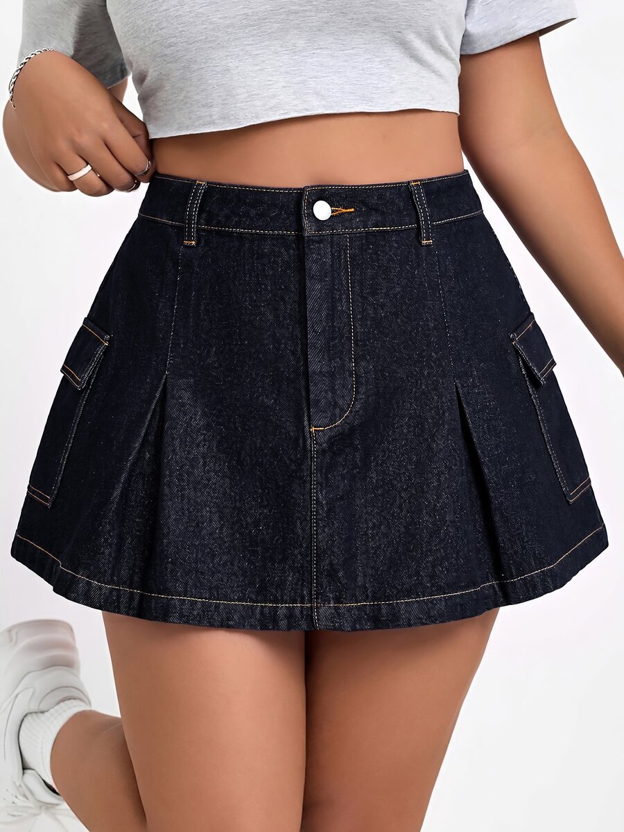 SHEIN ICON 大尺碼牛仔工裝鉛筆裙 - 深色水洗藍 - 查看 1