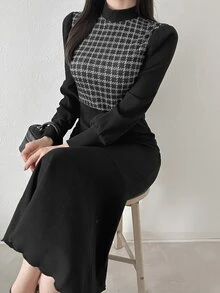 FRIFUL Women's Houndstooth Stand Collar Long Sleeve Elegant Dress - Black - View 5